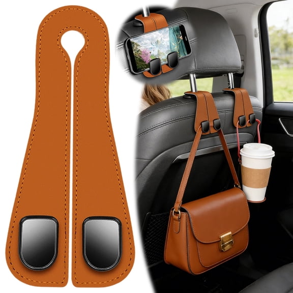 2 PCS Car Hooks for Headrest, Car Seat Back Storage Hook, Car Purse Hook, Double Hook Holder for Convenient Storage,Car Seat Back Storage Hook Accessories (Brown)