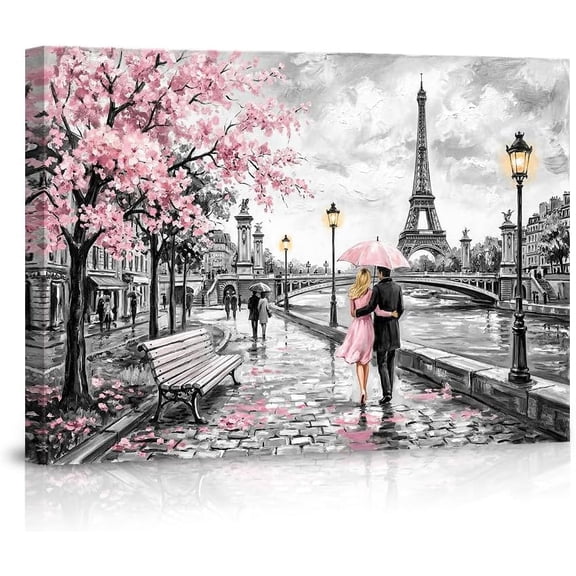 Paris Eiffel Tower Canvas Wall Art, Romantic Couple Under Umbrella Painting, Pink Cherry Blossom Black and White Parisian Artwork for Living Room Bedroom Home Decor