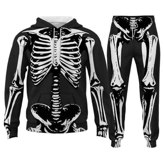 LIIPEE Men Hoodie Outfits Halloween Cartoon Skeleton Printed Long Sleeve Hooded Pullover Sweatshirt Pants Set Man Trendy Birthday Wedding Weekend Outfit,Black,L