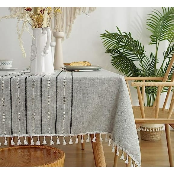 Namzi Rustic Lattice Tablecloth Cotton Linen Wrinkle Proof Tablecloths for Rectangle Tables Farmhouse Tablecloth for Dining Holiday Party (Grey,Black Line, 55''x86'', 6-8 Seats)