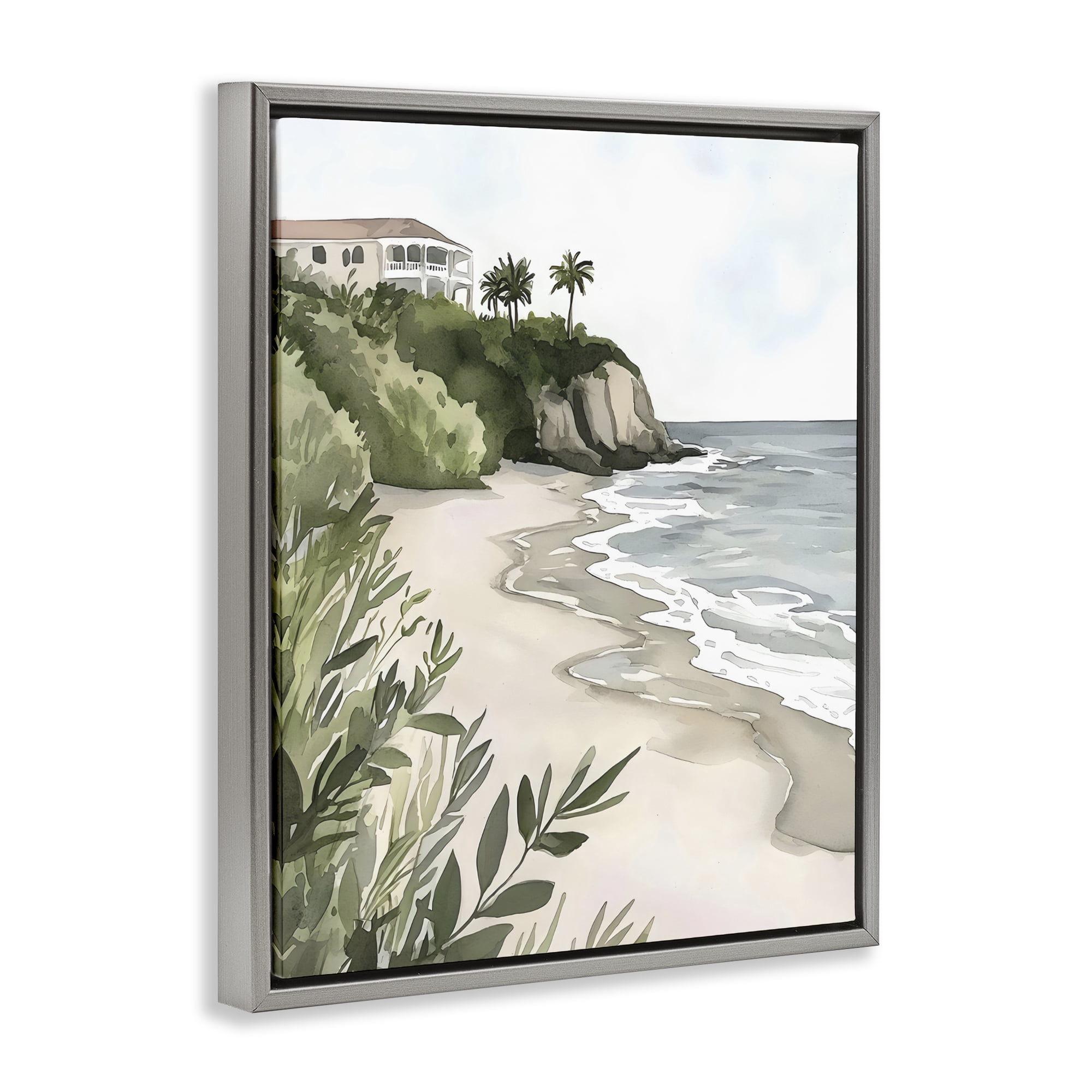 Stupell Industries Coastal Calm Villa on Bluff Gray Framed Floater Canvas Wall Art, design by Riley B