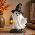 thumbnail image 2 of Halloween Ghost Figurine, Light Up LED Ghost Statue with Witch Hat Pumpkin Design, Cute Resin Halloween Decoration, Tabletop Fall Decor for Mantel Shelf Home, 2 of 7