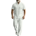 thumbnail image 2 of LEKWK Men Linen Sets Outfits 2 Piece Short Sleeve Henley Loose Fit Tops and Elastic Waist Wide Leg Pants Lightweight Solid Summer Beach Vacation Casual Wear, 2 of 6