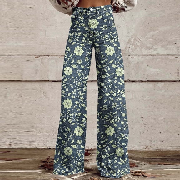 Haivin Women's Denim Print Casual Pants with Button Pockets and Zipper, Comfortable for Daily Wear and Leisure Activities