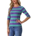 thumbnail image 4 of INSPIRE CHIC Mother's Day Women's Striped Shirts Slim Fit Elbow Sleeves Boat Neck T-Shirt L Purple Green, 4 of 6