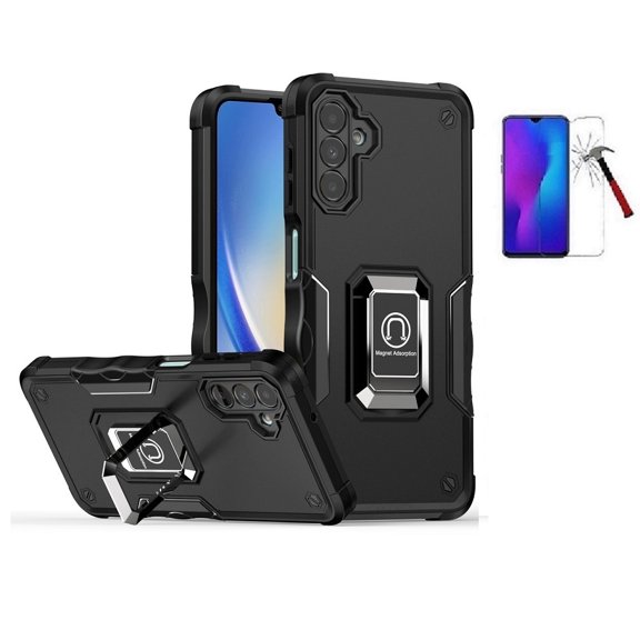 Phone Case for Samsung Galaxy A35 5G, Metal Ring Magnetic Support Kickstand Shockproof Case Tempered Glass (Black)
