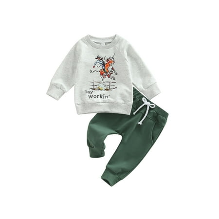 

Genuiskids Toddler Baby Boys Outfits Graphic Print Long Sleeve Crewneck Sweatshirt Drawstring Pants Set Fall Winter Clothes 0-3T