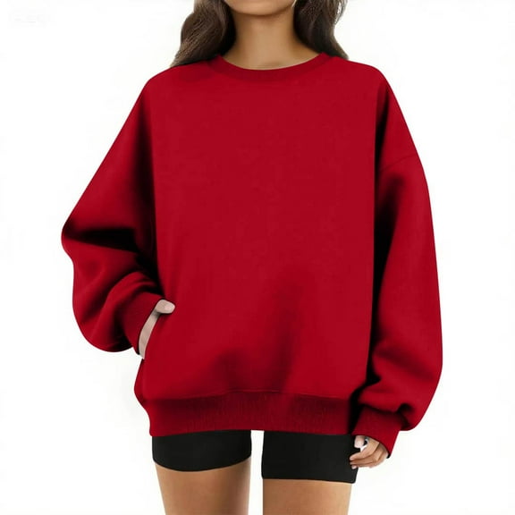 Oversized Sweatshirt For Women Fleece Lined Crewneck Sweatshirts Women Long Sleeve Pullover Sweater with Pockets 2025 Fall Winter Outfits Red 3XL