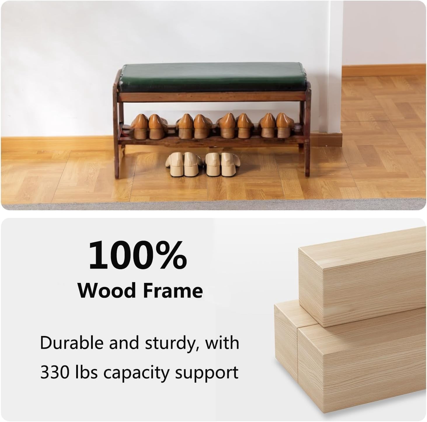 Solid Wood Shoe Bench, 2-Tier Wooden Entryway Bench, Modern Shoe Rack with Faux Leather Cushion for Hallway, Living Room