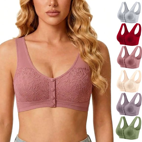 cltopsku Comfortable Plus Size Bra - Front Closure for Seniors Daily Wear - Soft Cups Breathable Wireless Flower Printed Underwear Ladies Bras Underwire Plus Size