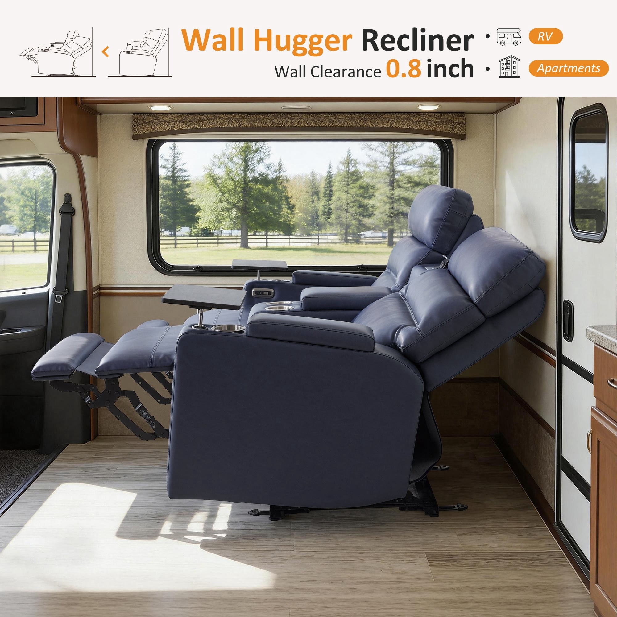 MCombo 73" Wall Hugger Power Loveseat Recliner with Console for Small Spaces, RV, 360° Swivel Tray Table, Armrest Storage, Navy Blue