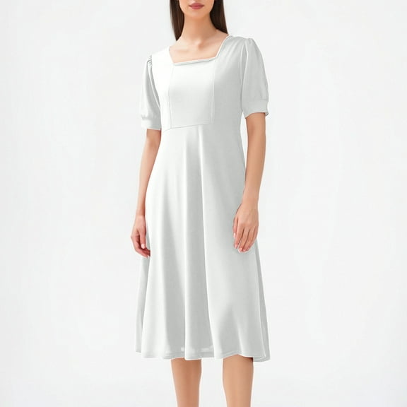 Women's Square Neck Dress Solid Color Short Sleeve Slim Fit Summer Dresses White XL