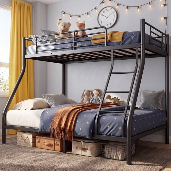 UIOWIO Twin over Full Metal Bunk Bed with Stairs & Storage, Heavy Duty Bed Frame for Adults & Teens, No Box Spring Needed, Black