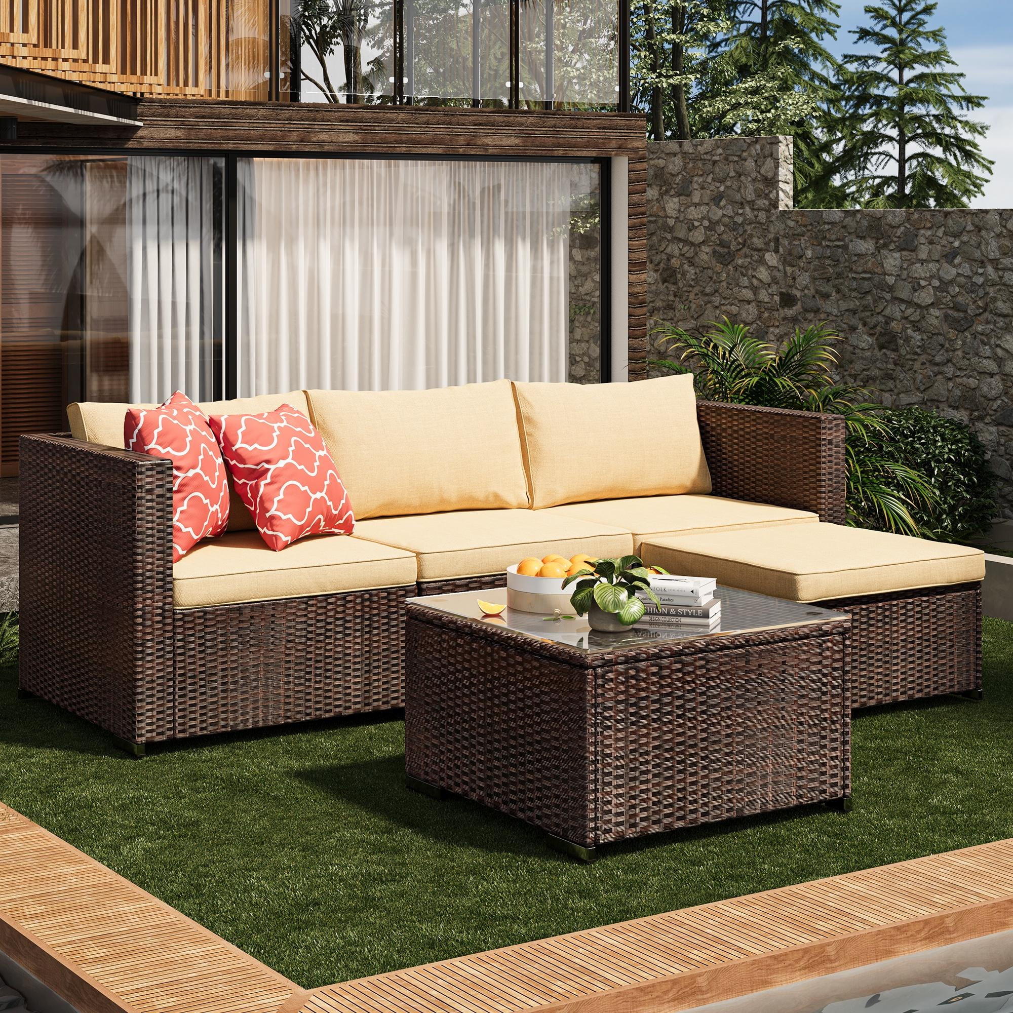 Asofer 5 Pieces Patio Furniture Set, Outdoor Conversation Sectionals, Wicker Chairs Sofa with Cushion and Glass Table,Beige
