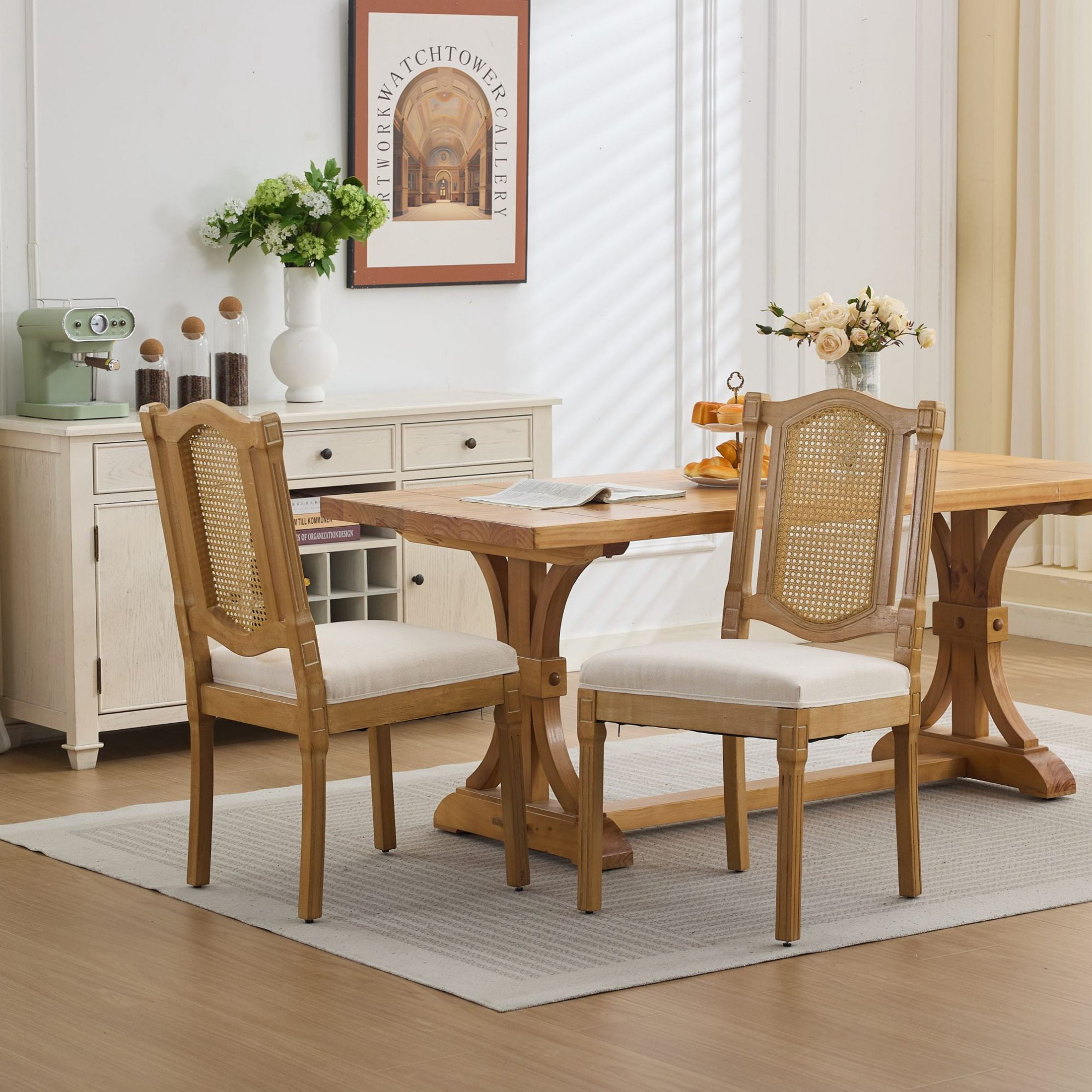 Noble House Set of 2 Rattan-Back Dining Chairs, Linen Seat, Solid Wood Frame, Beige