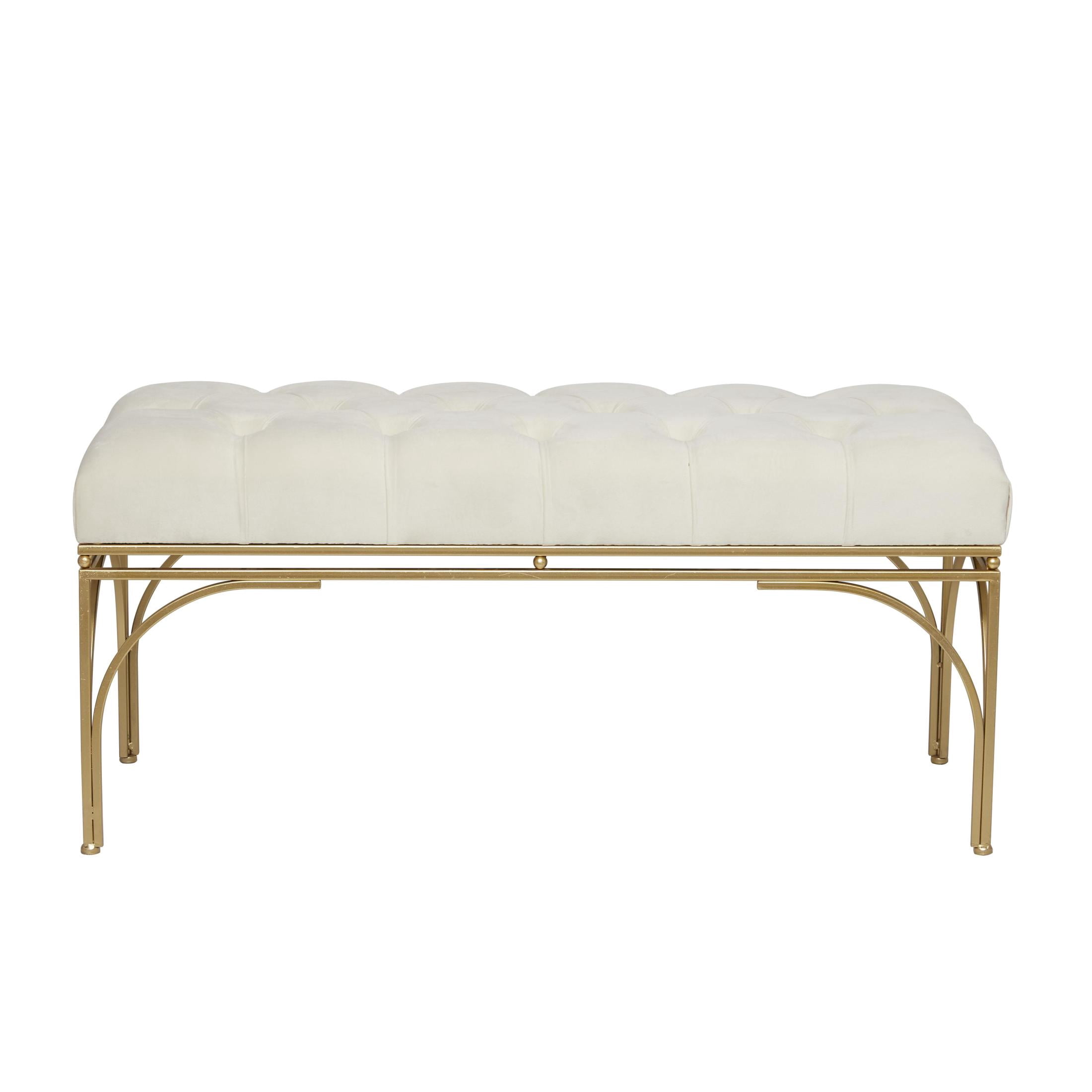 DecMode Velvet Tufted Bench with Gold Metal Legs, White