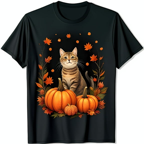 Adorable Black T-Shirt with Tabby Cat & Pumpkins Autumn Graphic