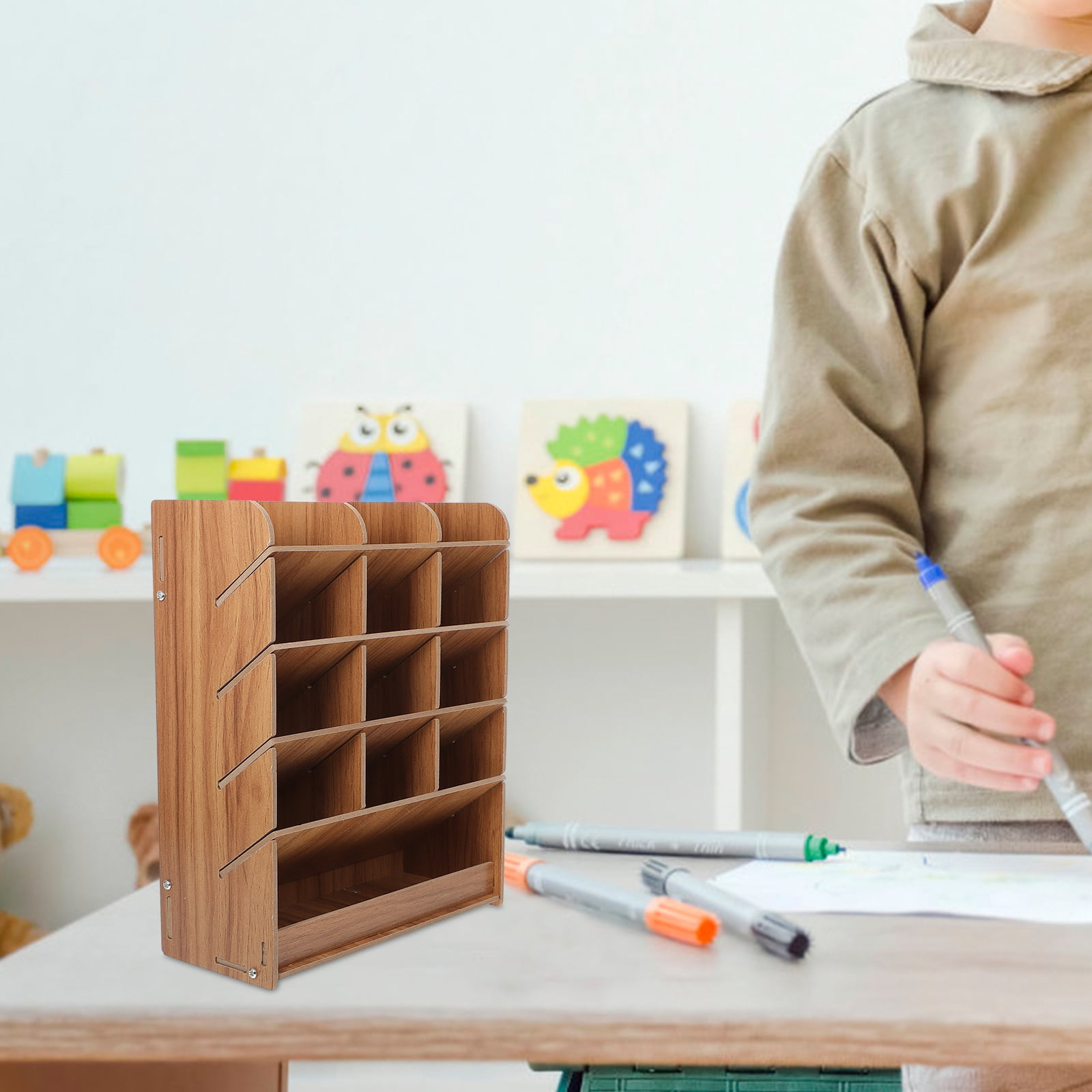 DEEPCRAFF Household Wooden Pen Holder Multi Grid Organizer for Pens Markers and More