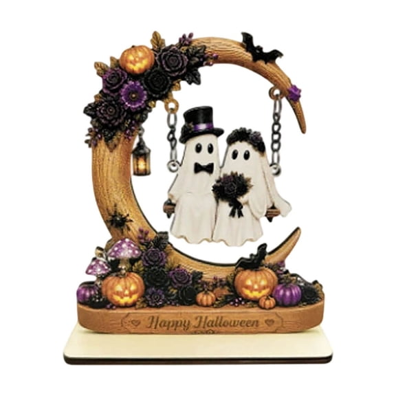 LLDYYDS Halloween Wooden Tabletop Decor, Ghost Couple Swinging on Crescent Moon Ornament with Pumpkin Flower Bat, Happy Halloween Desktop Sign for Home Shelf Mantel Decoration 15cm