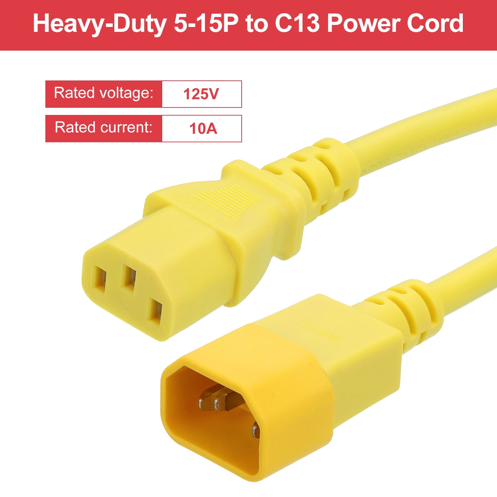 10ft 18 AWG Yellow 18/3 Universal Power Cord C14 to C13 10A 250V 3-Prong Extension PDU Power Cables
