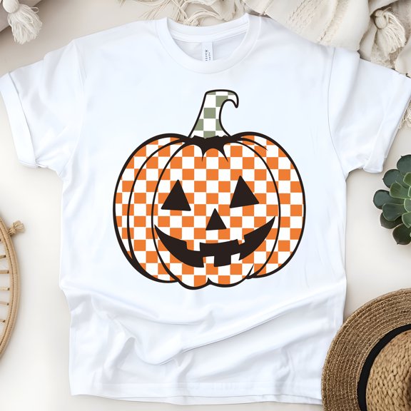 Checkered Pumpkin Graphic T-Shirt | Unisex Fall Outfit, White, Size S