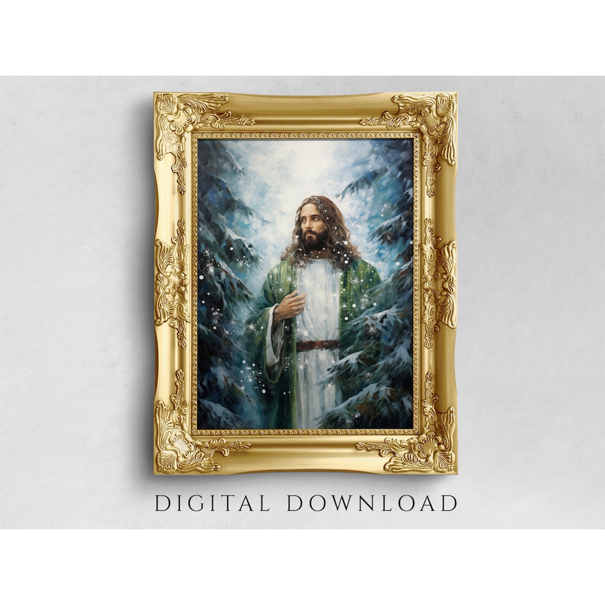 Jesus Snowy Forest Poster Christian Holiday Wall Art Unframed Paper Print
