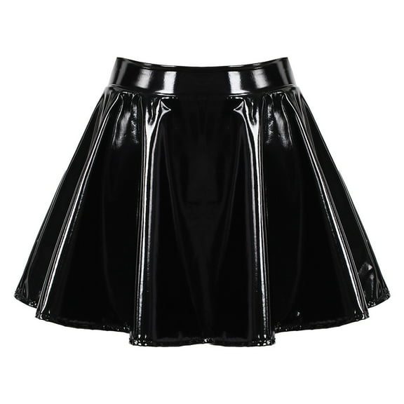 CENL Women Glossy Patent Leather Flared Miniskirt Dance A-Line Skirt Clubwear Cosplay