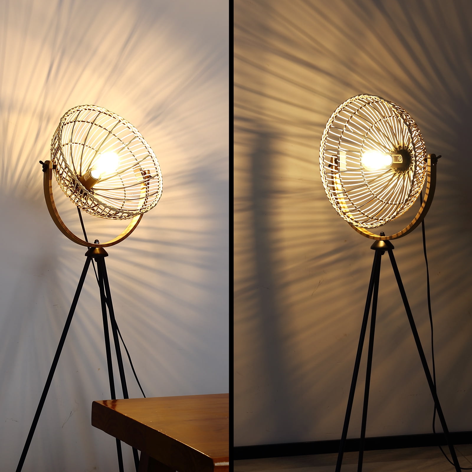 Osasy 65.8 in Rustic Boho Adjustable Height Metal Tripod Floor Lamp with Beige Bowl Shade