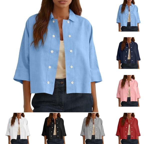 Womens Fall Coats Cotton Linen Cropped Shacket Lapel Collar 3/4 Sleeve Button Down Shirt Jacket Lightweight Solid Casual Outerwear S