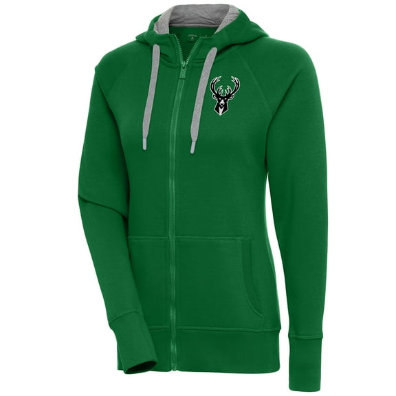 Women's Antigua Hunter Green Milwaukee Bucks Brushed Metallic Victory Full-Zip Hoodie