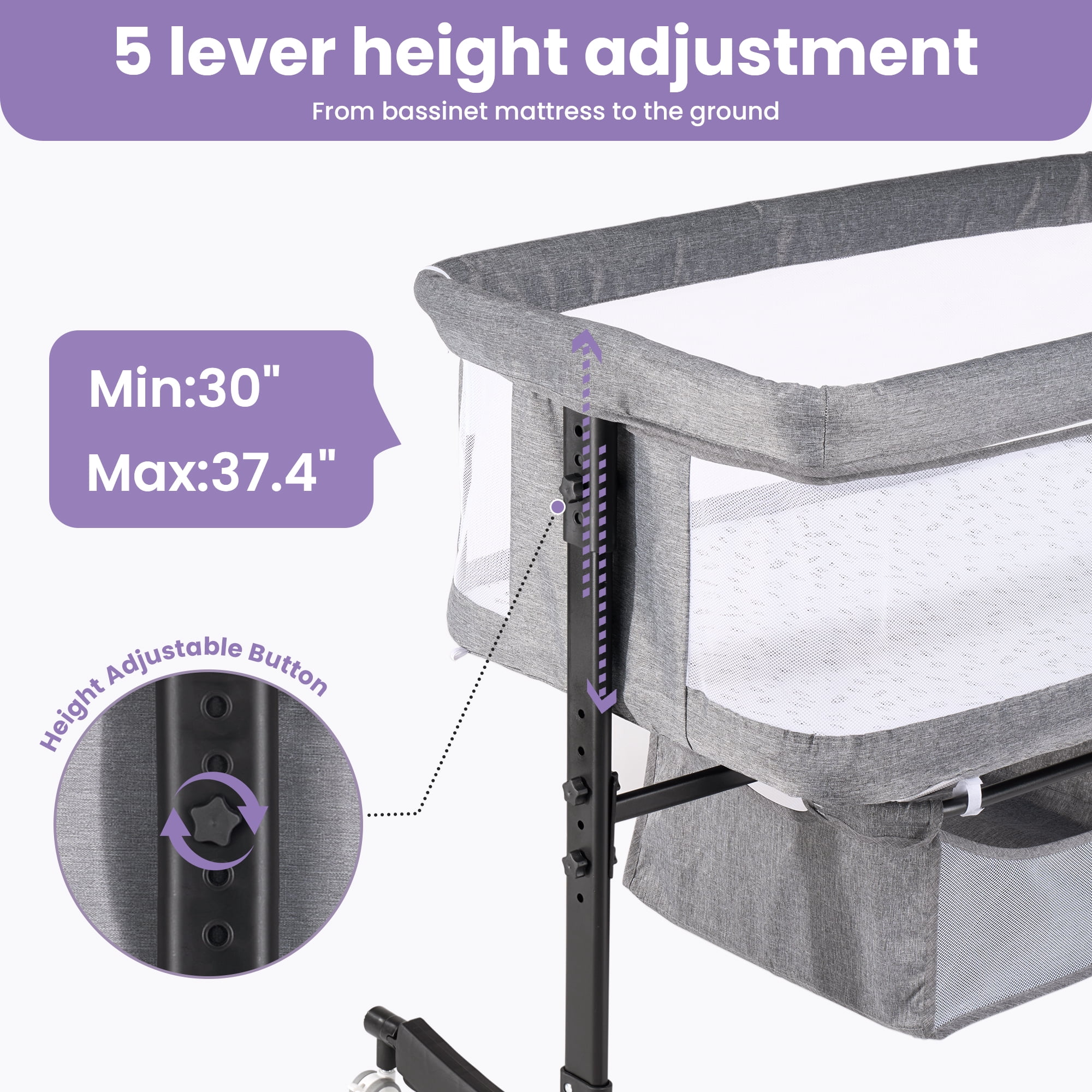 SACVON Baby Bassinets, All Mesh Crib Portable for Safe Co-Sleeping,Adjustable Bedside Sleeper,Baby Bed for Infant Newborn, Gray