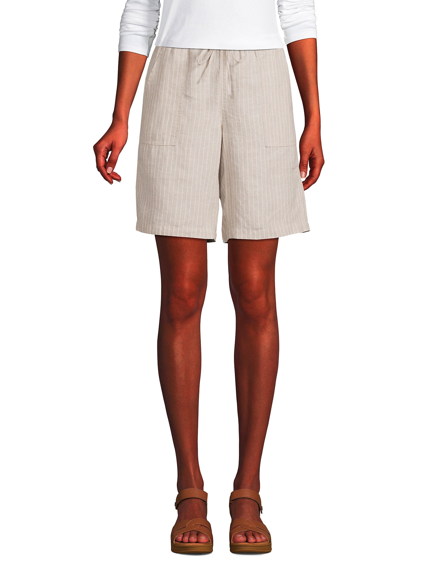 Lands' End Women's High Rise Pull On Elastic Waist 10" Linen Bermuda
