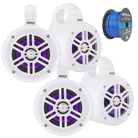 4" Waterproof Marine Wakeboard 300 Watt LED Tower Speakers - White - 2 Pairs, Enrock Marine Grade Spool of 50 Foot 16-Gauge Tinned Speaker Wire