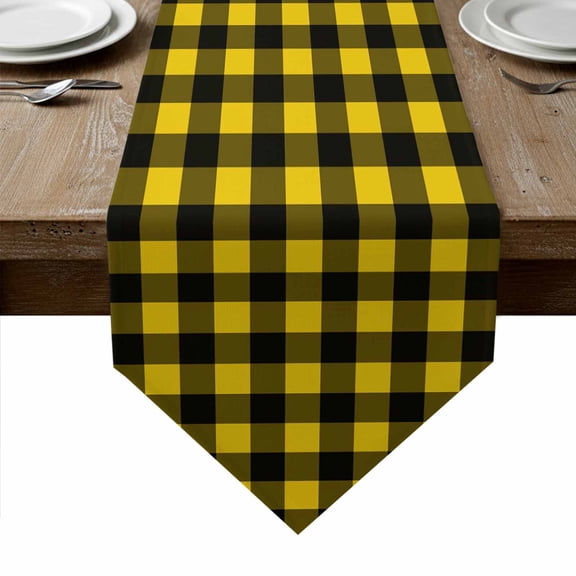 Black Yellow Plaid Table Runner Linen Burlap Table Runner 108 Inches Long Retro Country Buffalo Check Gingham Dresser Scarves for Kitchen Island Coffee Dining Room Party Holiday Decoration 13"x108"