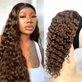 thumbnail image 4 of Peluca con diadema XSY, cabello humano marrón chocolate, ondulado profundo, 16 pulgadas, 4 of 5