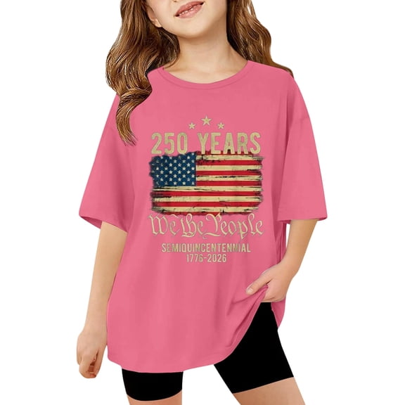 Kids 250th Anniversary Patriotic T Shirt for Girls American Flag 2026 Short Sleeve Crewneck Top 3-14Y