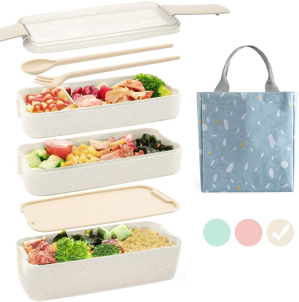 Bento Box Japanese Lunch Box,3In1 Compartment Wheat Straw