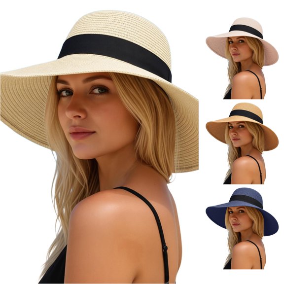 XIAOCHA Womens Ribbon‑Accent Straw Hat Wide‑Brim Sun Hat Outdoor Bucket Hat,White