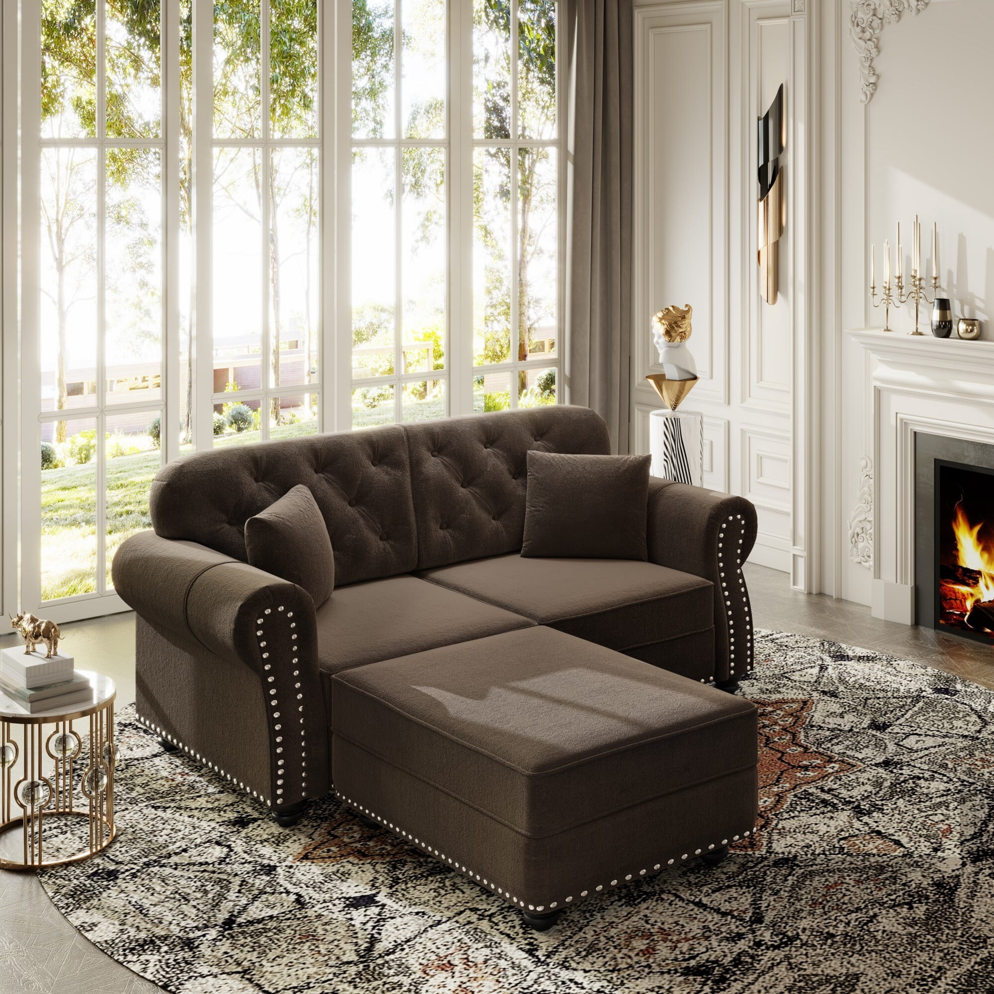 DEALTOPS 63 Inch Reversible Chesterfield Velvet Sectional Sofa with Ottoman, Tufted Nailhead Trim, Brown