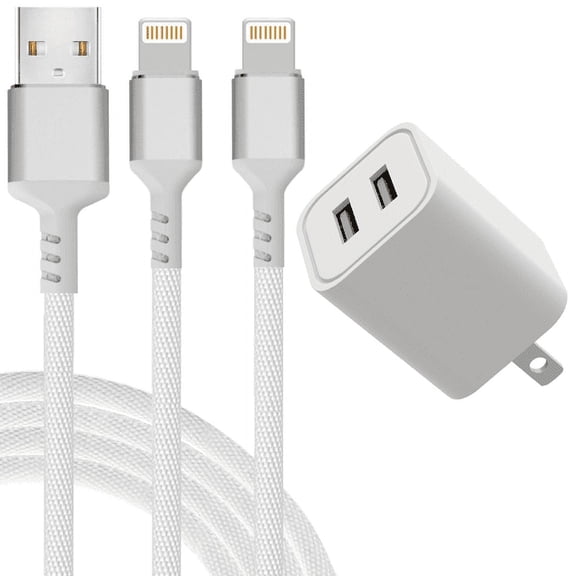 epacks Charger, 2-Port Power Adapter Cube with 2-Pack 6FT Nylon Braided Charging Charge Cable Cords Compatible with iPhone X/8 Plus/7 Plus/6S Plus/ 6S Plus/5/5S/5C/XS/XR/XS Max/iPad Case - Silver