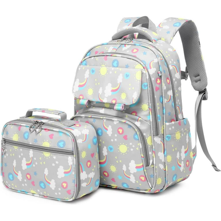 School Backpack for Girls Cute Rainbow Print Backpacks with Lunch Box Kids School Bag BookBags for Elementary Preschool Gray