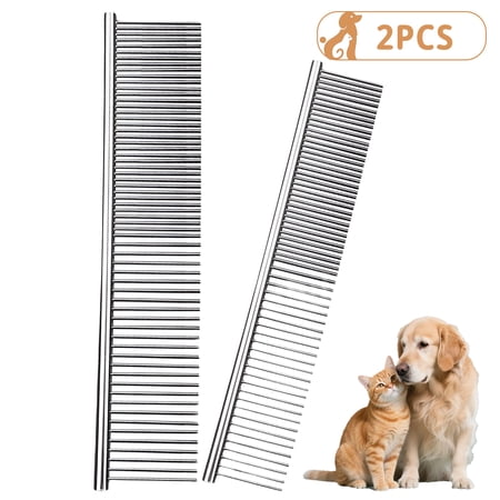 Metal Dog Combs for Grooming, Stainless Steel Cat Combs with Rounded Teeth for Large Small Dogs Cats, Removing Tangles