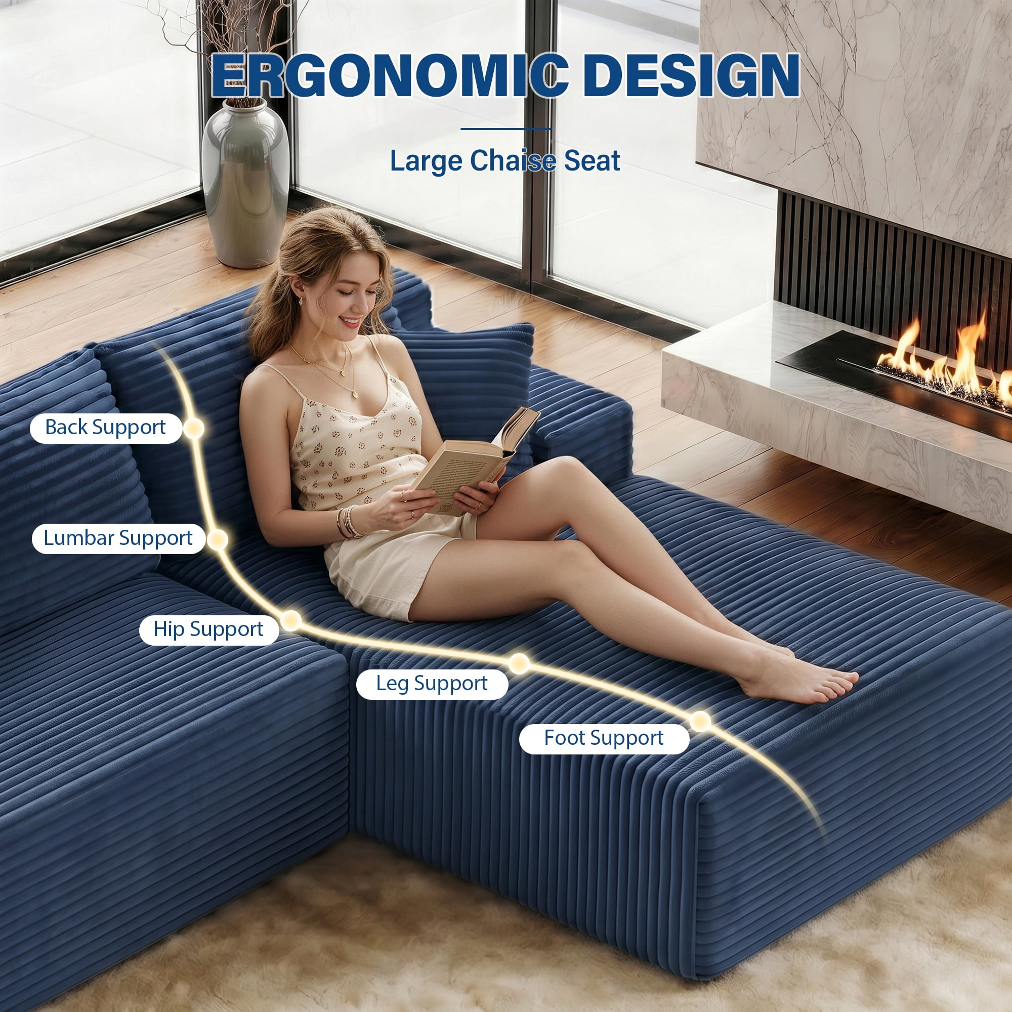 Aukfa 96" Cloud Sectional Couch, Modular L Shaped Boneless Sofa with Right Facing Chaise&2 Storage Pockets, Blue