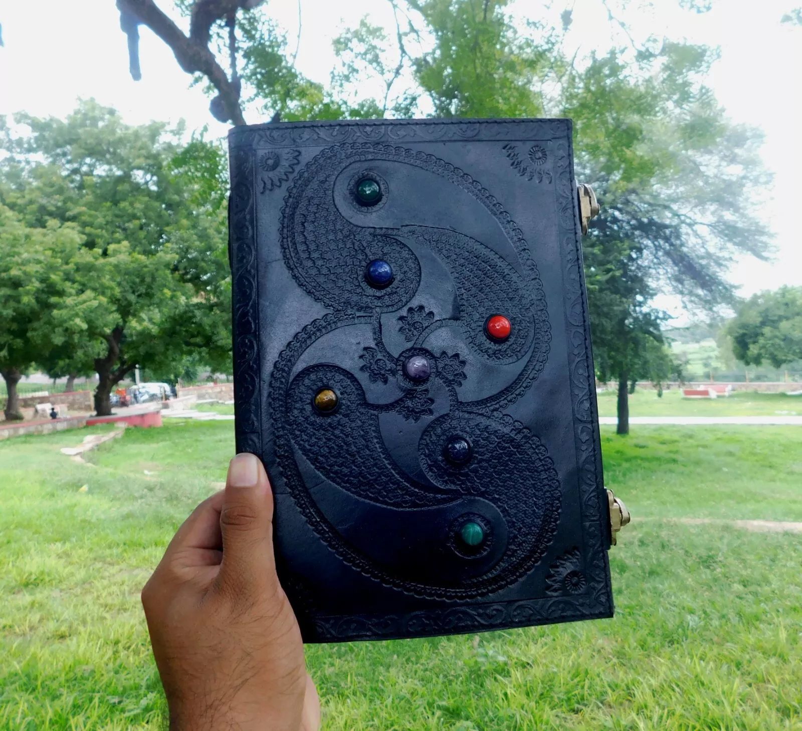 Handcrafted Embossed Design Vintage Leather Bound Journal Diary Triple Moon Antique Style Notebook For Men & Women Office Stationary Use