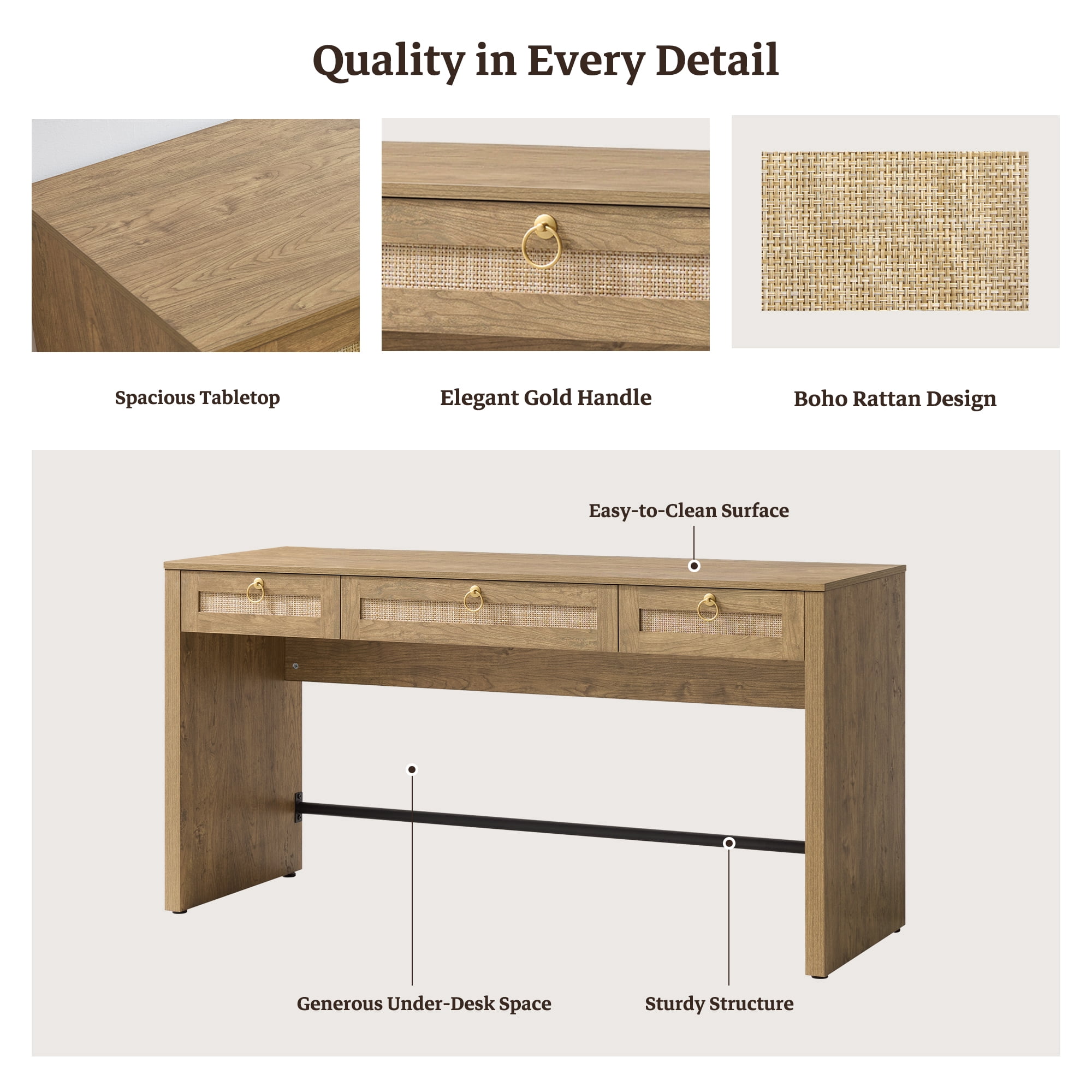 SICOTAS 59.05" W Home Office Computer Desk with Ample Storage，Boho Writing Desk with 3 Spacious Drawers & Unique Rattan Decor, Farmhouse Coastal Classic Style, Cherry Oak,