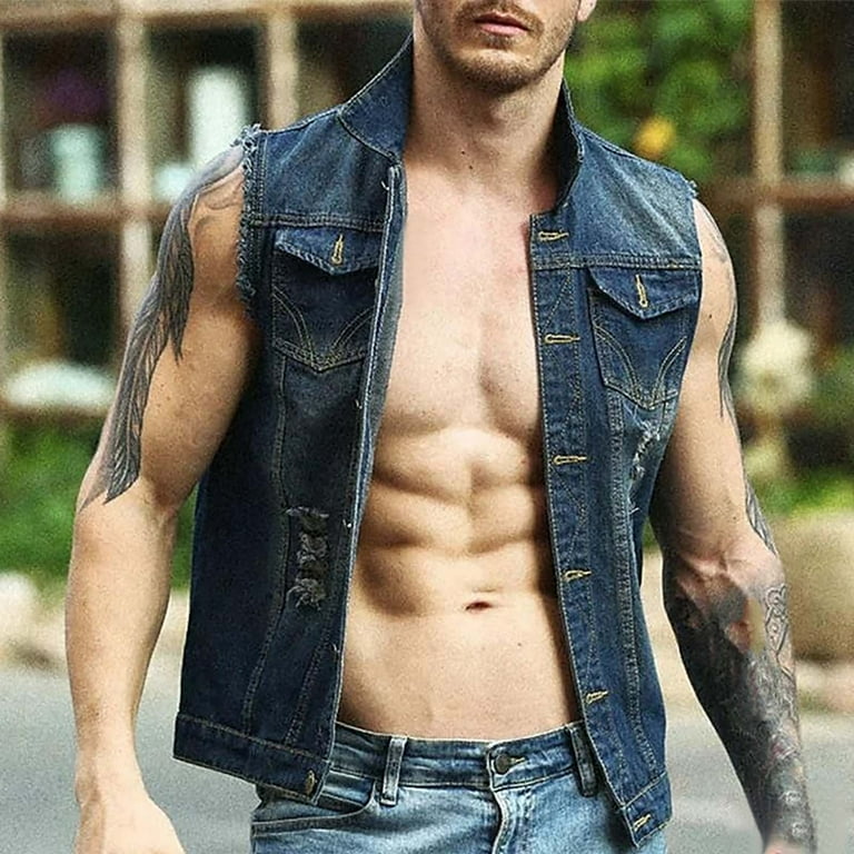 HaiMao Men's Sleeveless Denim Vest, Ripped Punk Style