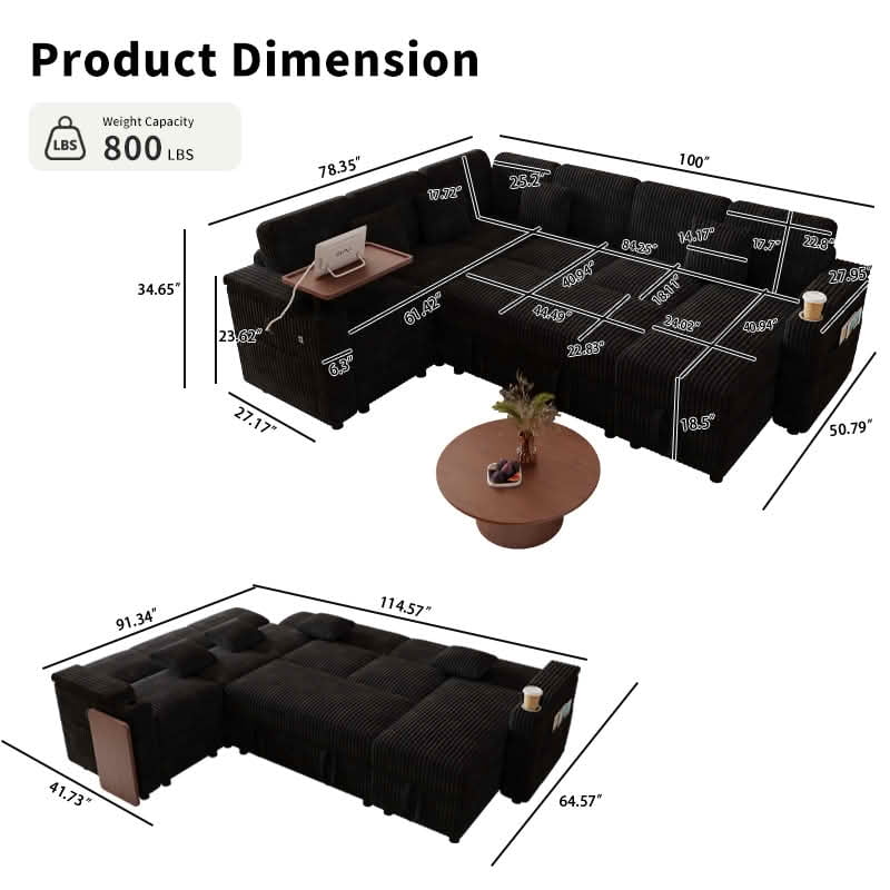 MAYEERTY 100-Inch Black Corduroy 7-Seat U-Shaped Pull-Out Sofa Bed, Modular Sectional Couch with USB Ports, Cup Holder & Storage
