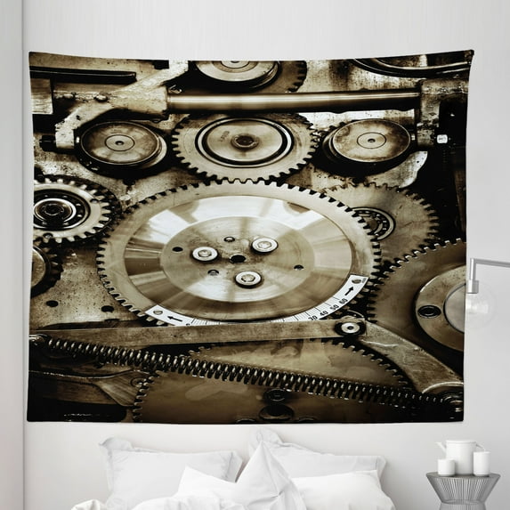 Industrial Tapestry, Pieces of Old Mechanism Close up Gears View Grunge Antique Cogs Technical Image Print, Fabric Wall Hanging Decor for Bedroom Living Room Dorm, 5 Sizes, Sepia, by Ambesonne
