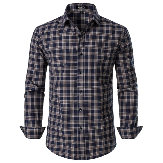 Camisa JEMITOP para hombre, manga larga, corte ajustado, a cuadros, azul marino, bronceado, L