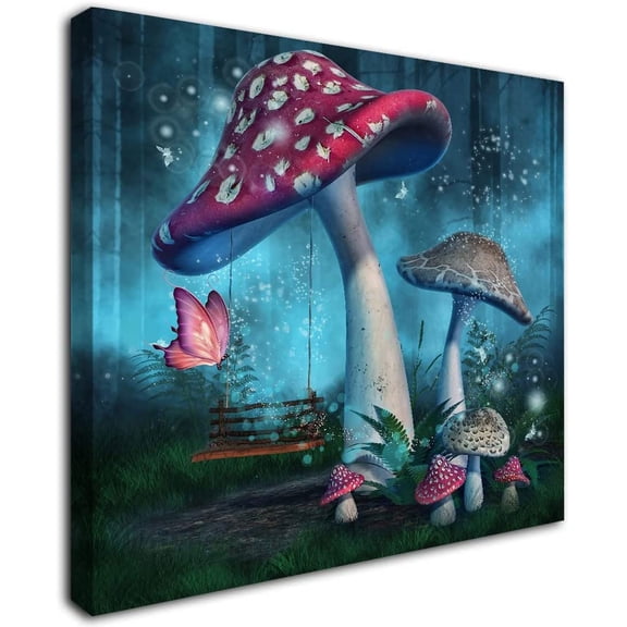 Aaheei Magical Forest Wall Art Fantasy Mushroom Wall Decor Nature Landscape Plant Picture Butterflies Canvas Print Nursery Decor Fairytale Theme Wall Painting for Home Kids Bedroom Dorm Decoration